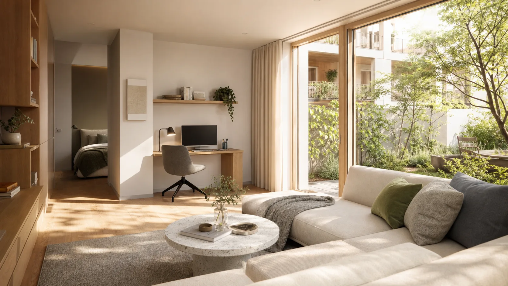 KI-Visualisierung eines hochwertigen Wohninterieurs im Neubau
