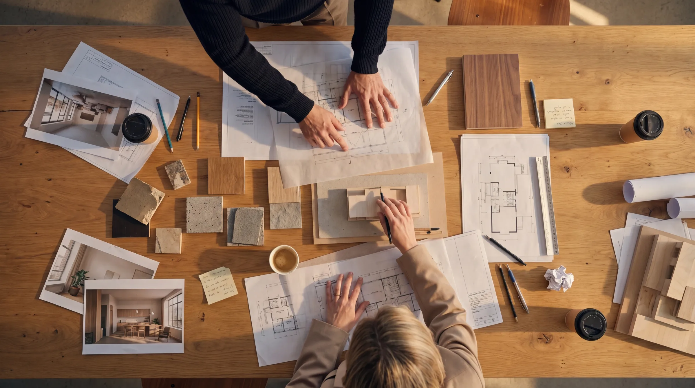Architekturpläne, Materialproben und ein Modell auf einem Arbeitstisch