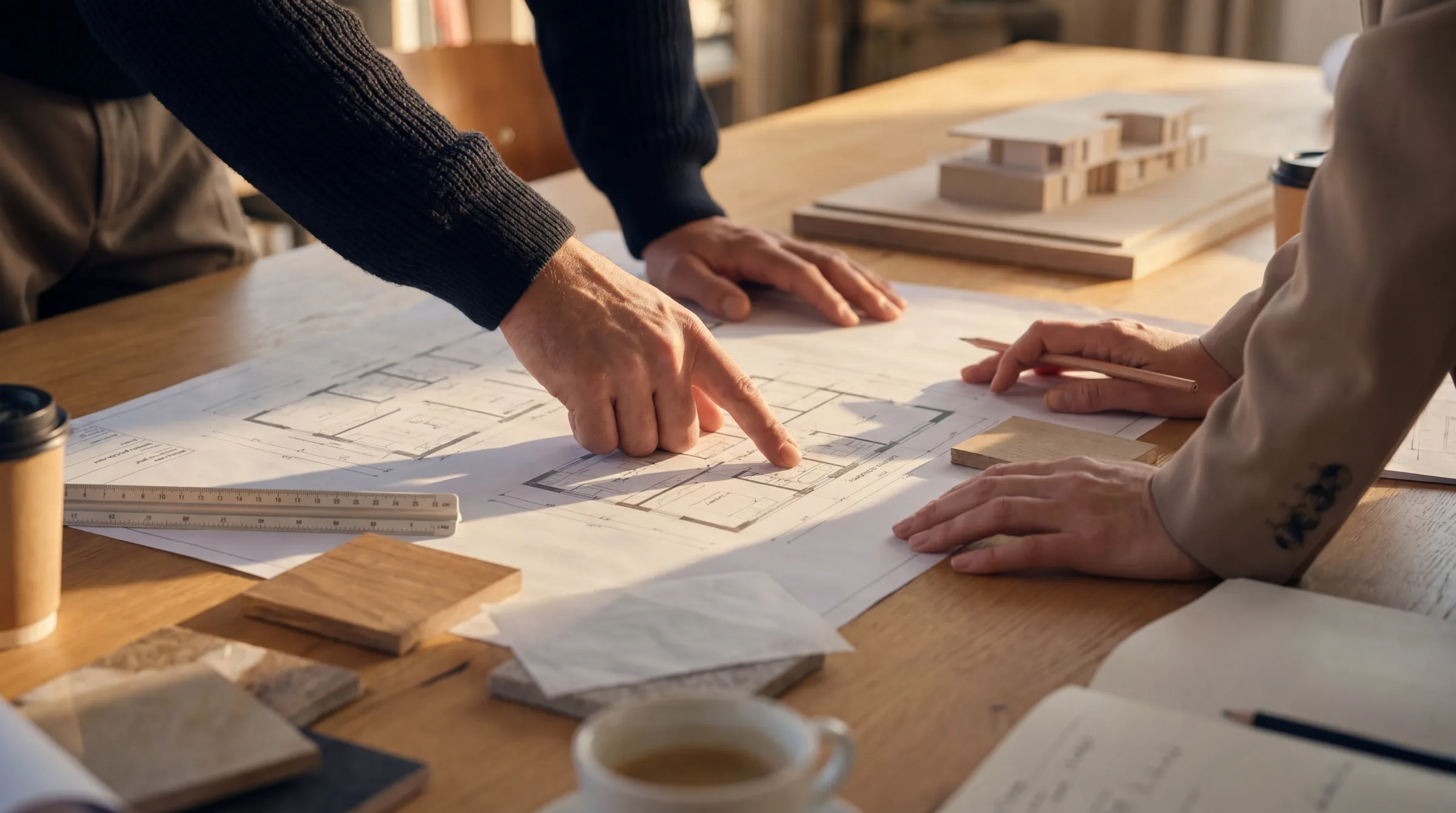 Architekten besprechen einen Grundriss mit Materialproben und Modell
